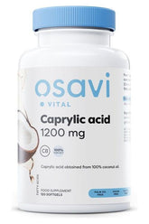 Osavi Caprylic Acid supplement bottle, 1200 mg, derived from 100% coconut oil, palm oil-free and sugar-free.
